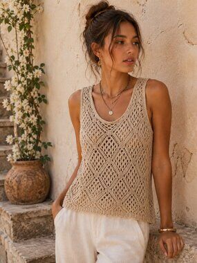 Boho Crochet Knit Tank Top Beige Open Knit Sleeveless Sweater Festival Coastal C